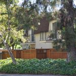 College Street Apartments exterior area showing lush grounds with large trees