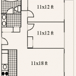 Viking Apartments floor plan with 2 bedrooms 11x12 ft, living room and dining area 11x18 with kitchen and bathroom all one floor